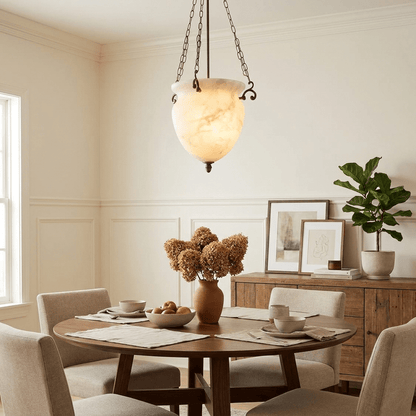 Carved Urn Pendant Light for Entryway & Kitchen – Chain-Hung Brass Alabaster Ceiling Light, Modern Warm White Foyer Pendant