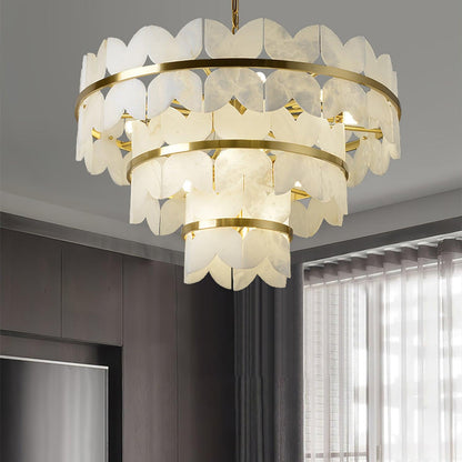 Gold Cloud Chandelier for Dining & Living Room – Tiered Alabaster Ceiling Light, Modern Warm White Foyer Statement Chandelier
