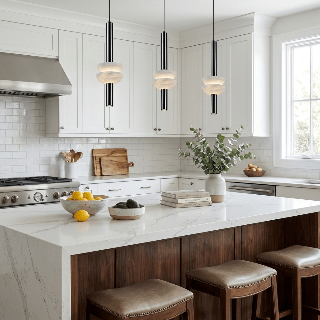 Column Pendant Light for Kitchen Island & Dining – Alabaster Cylinder Ceiling Light, Warm Dimmable Modern Bar & Foyer Pendant