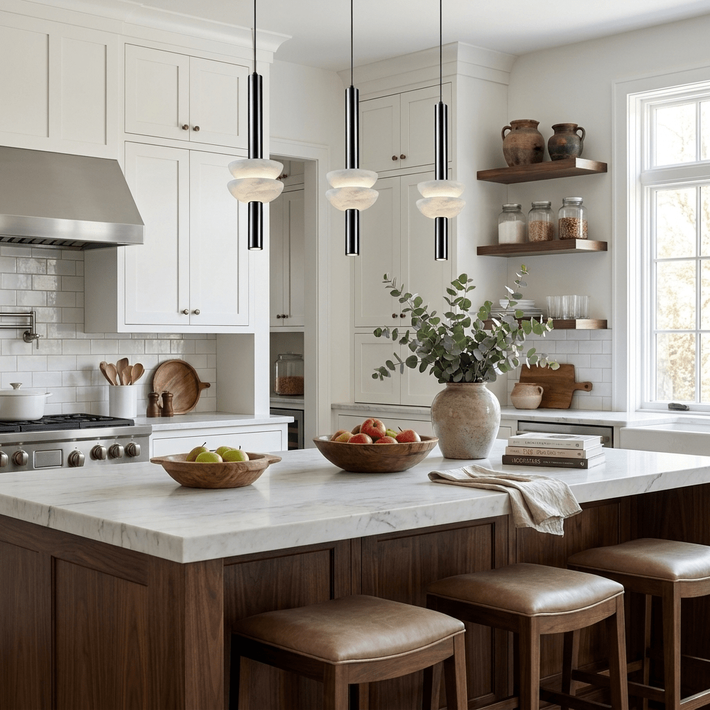 Column Pendant Light for Kitchen Island & Dining – Alabaster Cylinder Ceiling Light, Warm Dimmable Modern Bar & Foyer Pendant
