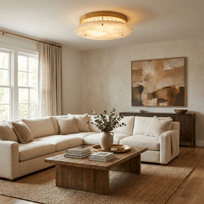 Disc Flush Mount Ceiling Light for Hallway & Bedroom – Gold Alabaster Low-Profile Light, Warm Dimmable Entryway & Kitchen Fixture