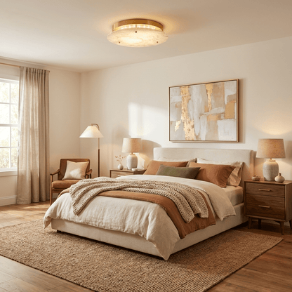 Disc Flush Mount Ceiling Light for Hallway & Bedroom – Gold Alabaster Low-Profile Light, Warm Dimmable Entryway & Kitchen Fixture
