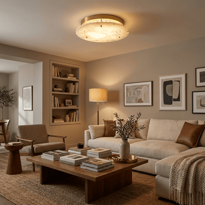 Disc Flush Mount Ceiling Light for Hallway & Bedroom – Gold Alabaster Low-Profile Light, Warm Dimmable Entryway & Kitchen Fixture