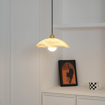 Plug-In Dome Pendant Light for Bedside & Entryway – Brass Alabaster Swag Ceiling Light, Warm Modern Bedroom Hanging Lamp