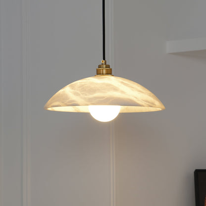 Plug-In Dome Pendant Light for Bedside & Entryway – Brass Alabaster Swag Ceiling Light, Warm Modern Bedroom Hanging Lamp
