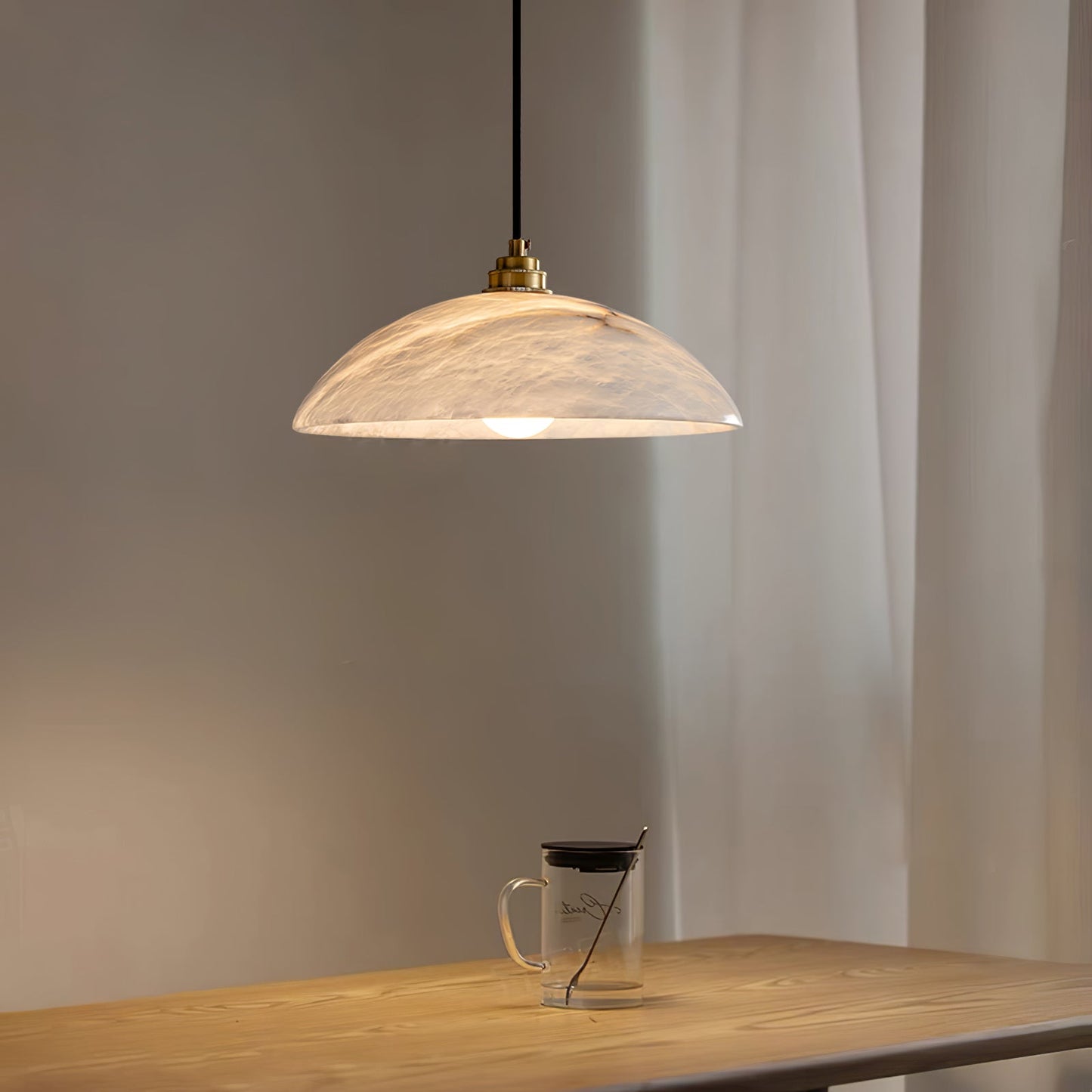 Plug-In Dome Pendant Light for Bedside & Entryway – Brass Alabaster Swag Ceiling Light, Warm Modern Bedroom Hanging Lamp