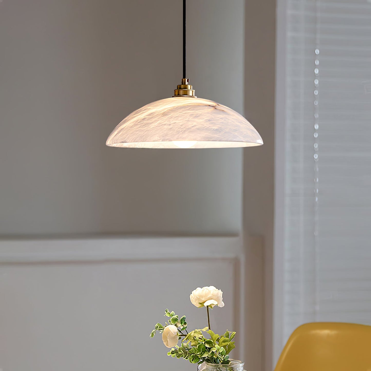 Plug-In Dome Pendant Light for Bedside & Entryway – Brass Alabaster Swag Ceiling Light, Warm Modern Bedroom Hanging Lamp
