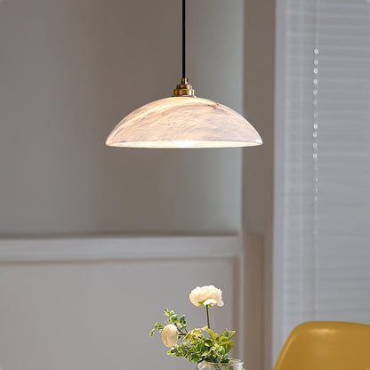 Plug-In Dome Pendant Light for Bedside & Entryway – Brass Alabaster Swag Ceiling Light, Warm Modern Bedroom Hanging Lamp
