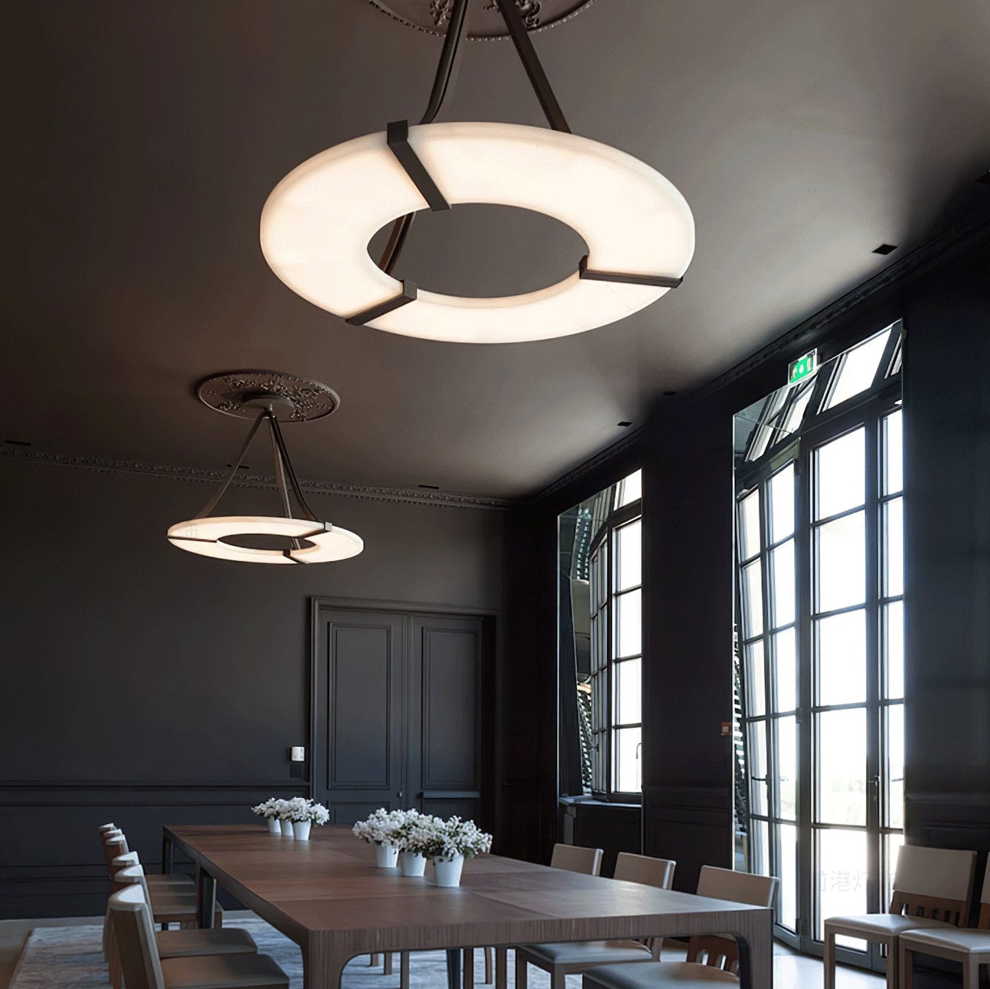 Halo Ring Pendant Light for Dining & Kitchen Island – Alabaster Statement Ceiling Light, Modern Warm White Living Room Chandelier