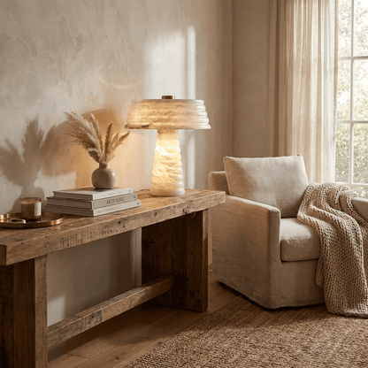 Layered Table Lamp for Bedside & Console – Slim Alabaster Accent Lamp, Modern Warm White & Gold Bedroom Desk & Shelf Light