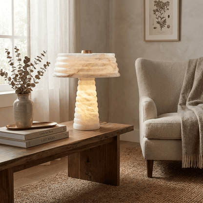 Layered Table Lamp for Bedside & Console – Slim Alabaster Accent Lamp, Modern Warm White & Gold Bedroom Desk & Shelf Light
