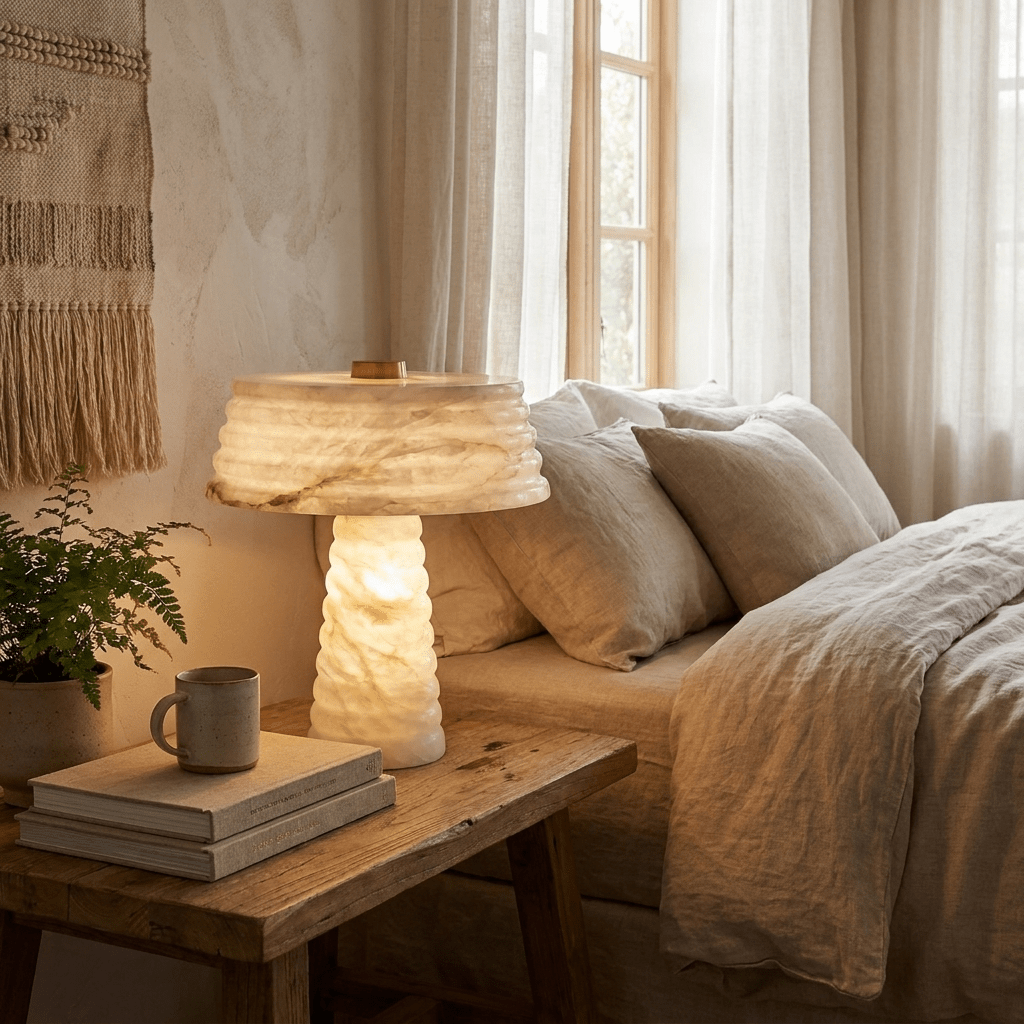 Layered Table Lamp for Bedside & Console – Slim Alabaster Accent Lamp, Modern Warm White & Gold Bedroom Desk & Shelf Light