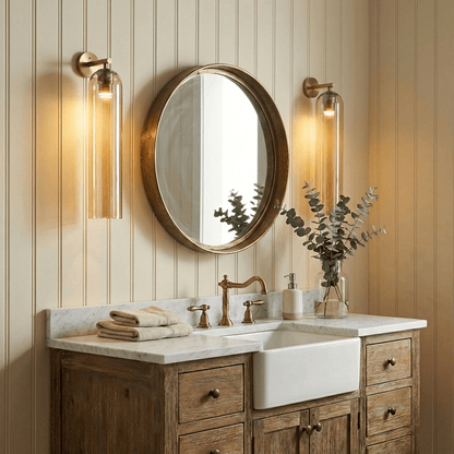 Glass Wall Sconce for Bedroom & Hallway – Mouthblown Art Glass Dimmable Sconce, Gold Bedside Wall Light with Up & Down Mount