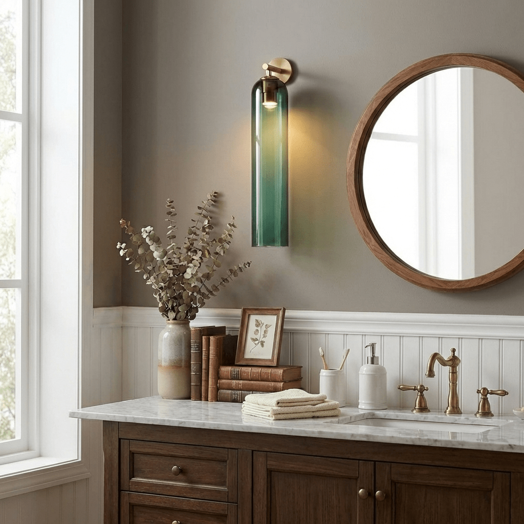 Glass Wall Sconce for Bedroom & Hallway – Mouthblown Art Glass Dimmable Sconce, Gold Bedside Wall Light with Up & Down Mount