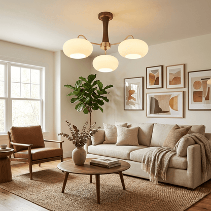 Brass Cluster Chandelier for Dining Room & Entryway – Walnut Glass Shade LED Statement Chandelier, Modern Living Room Ceiling Light