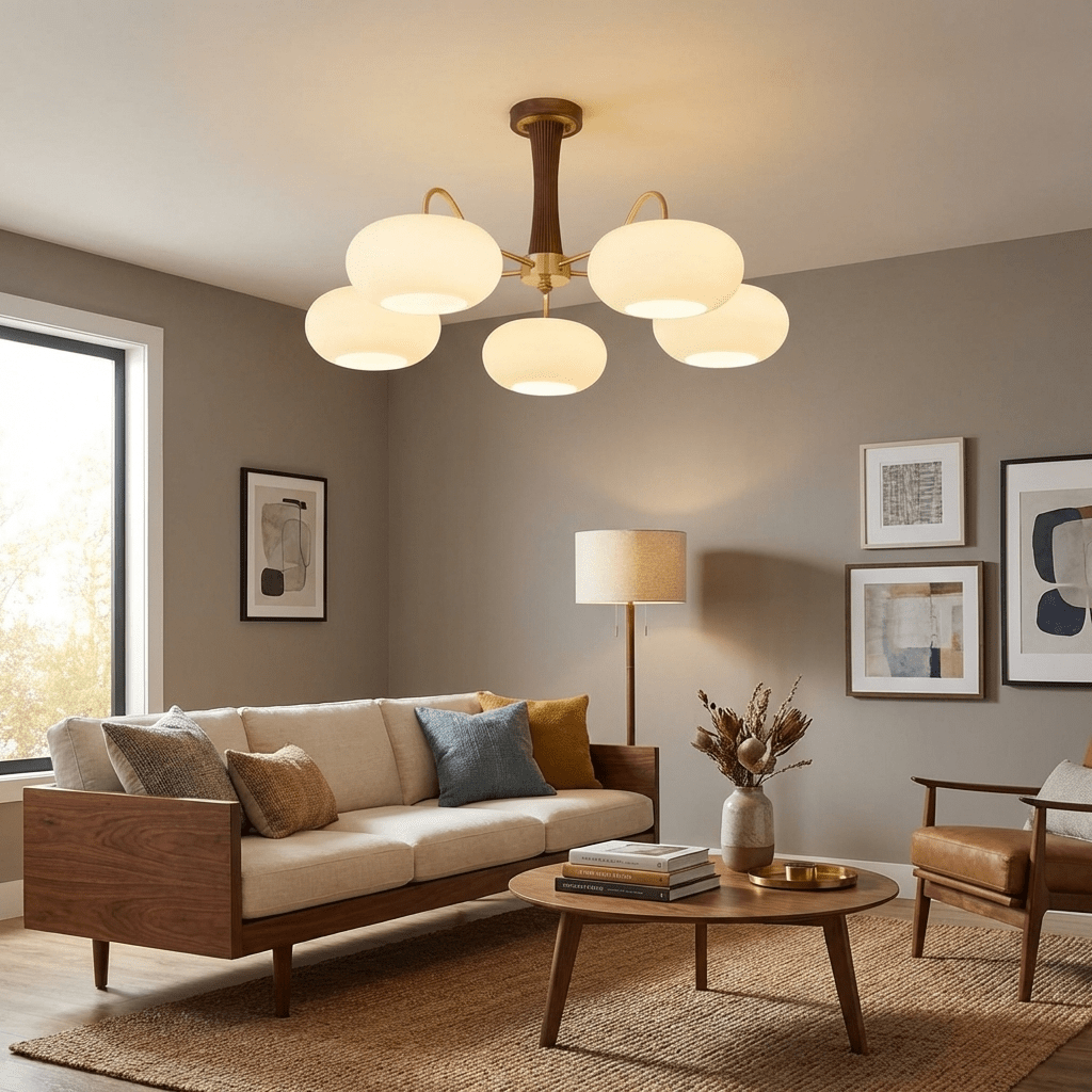 Brass Cluster Chandelier for Dining Room & Entryway – Walnut Glass Shade LED Statement Chandelier, Modern Living Room Ceiling Light