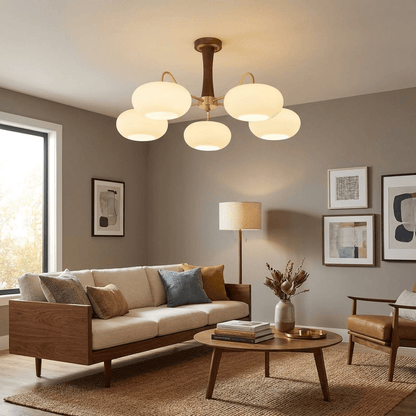 Brass Cluster Chandelier for Dining Room & Entryway – Walnut Glass Shade LED Statement Chandelier, Modern Living Room Ceiling Light