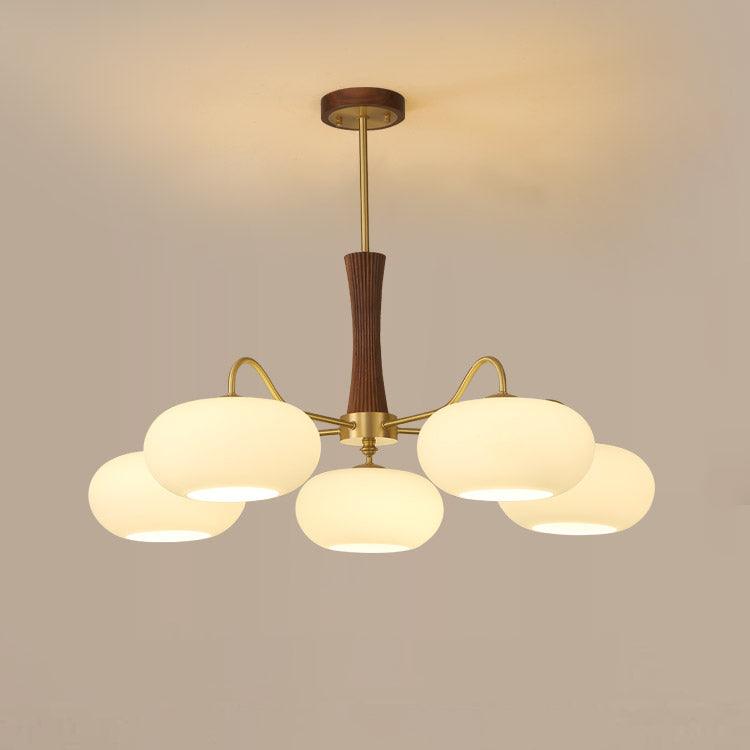 Brass Cluster Chandelier for Dining Room & Entryway – Walnut Glass Shade LED Statement Chandelier, Modern Living Room Ceiling Light