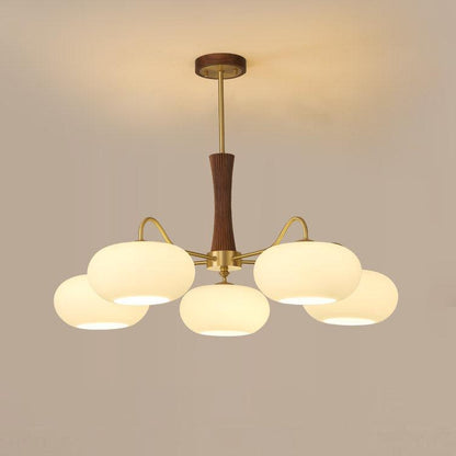 Brass Cluster Chandelier for Dining Room & Entryway – Walnut Glass Shade LED Statement Chandelier, Modern Living Room Ceiling Light