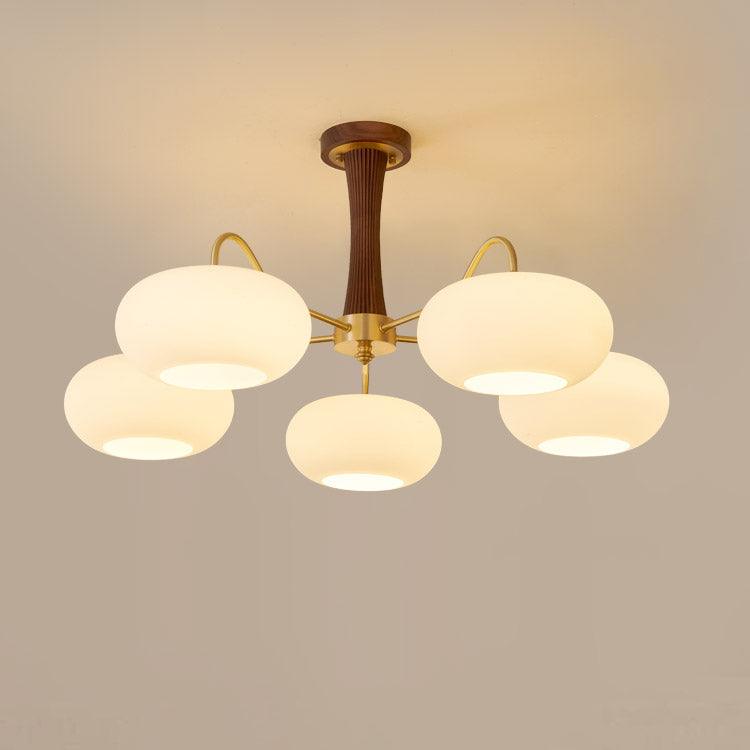 Brass Cluster Chandelier for Dining Room & Entryway – Walnut Glass Shade LED Statement Chandelier, Modern Living Room Ceiling Light