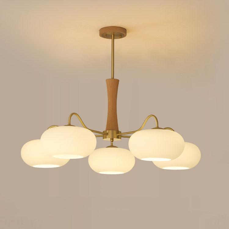 Brass Cluster Chandelier for Dining Room & Entryway – Walnut Glass Shade LED Statement Chandelier, Modern Living Room Ceiling Light
