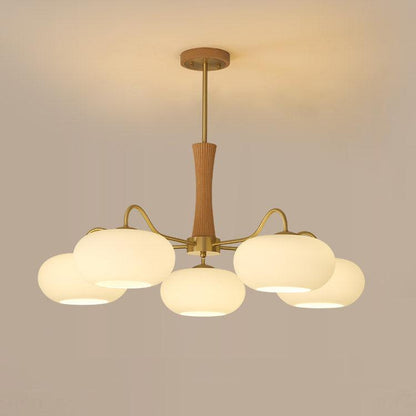 Brass Cluster Chandelier for Dining Room & Entryway – Walnut Glass Shade LED Statement Chandelier, Modern Living Room Ceiling Light