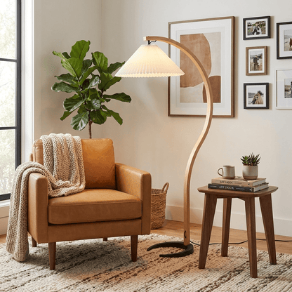Bentwood Floor Lamp for Living Room & Reading Corner – Arc Beech Wood Standing Lamp, Linen Shade Mid-Century Bedroom Floor Light