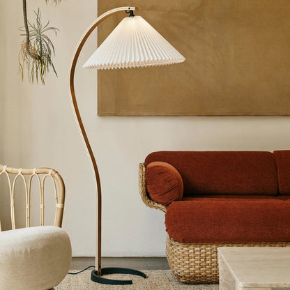 Bentwood Floor Lamp for Living Room & Reading Corner – Arc Beech Wood Standing Lamp, Linen Shade Mid-Century Bedroom Floor Light
