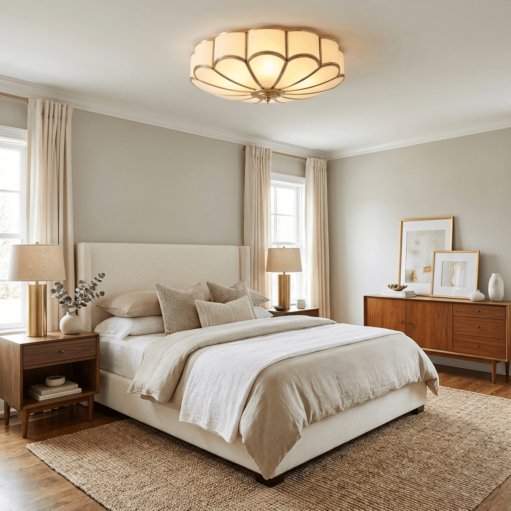 Glass Flush Mount Ceiling Light for Kitchen & Bedroom – Brass Floral Bloom LED Ceiling Light, Modern Hallway & Dining Room Fixture