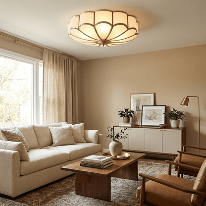 Glass Flush Mount Ceiling Light for Kitchen & Bedroom – Brass Floral Bloom LED Ceiling Light, Modern Hallway & Dining Room Fixture