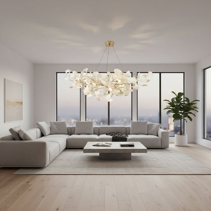 Ginkgo Leaf Chandelier for Dining Room & Living Room – Brass Sculptural LED Statement Chandelier, Modern Foyer & Stairwell Ceiling Light