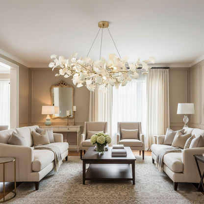Ginkgo Leaf Chandelier for Dining Room & Living Room – Brass Sculptural LED Statement Chandelier, Modern Foyer & Stairwell Ceiling Light