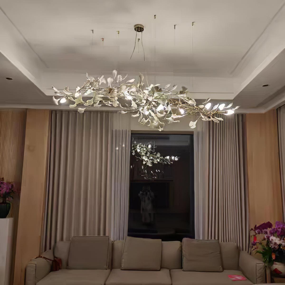 Ginkgo Leaf Chandelier for Dining Room & Living Room – Brass Sculptural LED Statement Chandelier, Modern Foyer & Stairwell Ceiling Light