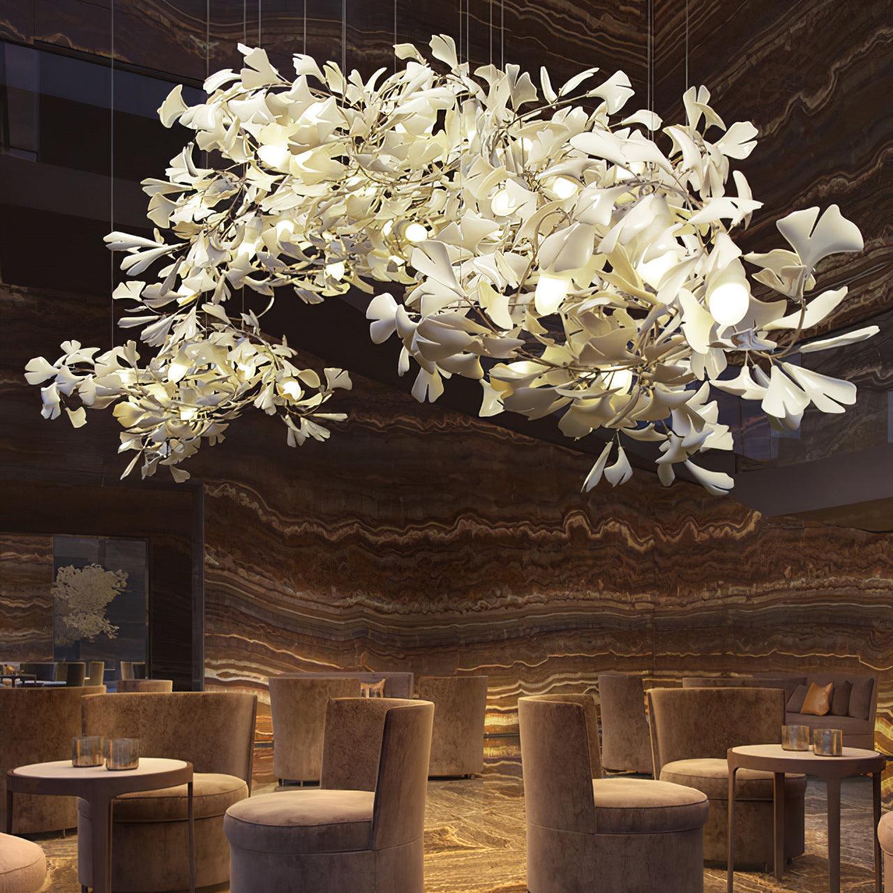 Ginkgo Leaf Chandelier for Dining Room & Living Room – Brass Sculptural LED Statement Chandelier, Modern Foyer & Stairwell Ceiling Light