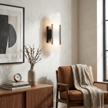 Alabaster Wall Sconce for Bedroom & Hallway – Natural Stone LED Wall Light, Oblong Brass Living Room & Entryway Wall Sconce