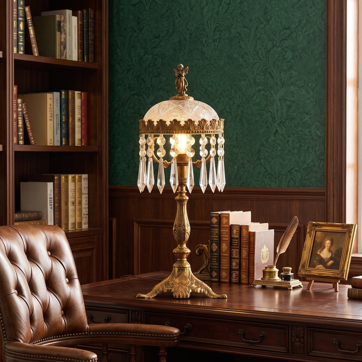 Crystal Table Lamp for Bedroom & Living Room – Baroque Frosted Glass Dome Accent Lamp, Ornate Brass Bedside & Entryway Table Light