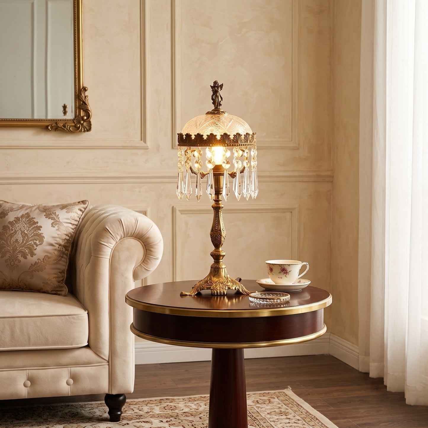 Crystal Table Lamp for Bedroom & Living Room – Baroque Frosted Glass Dome Accent Lamp, Ornate Brass Bedside & Entryway Table Light