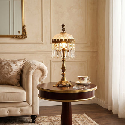 Crystal Table Lamp for Bedroom & Living Room – Baroque Frosted Glass Dome Accent Lamp, Ornate Brass Bedside & Entryway Table Light
