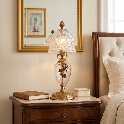 Brass Table Lamp for Bedroom & Living Room – Vintage Cut-Glass Shade Accent Lamp, Ornate Dimmable Bedside & Entryway Table Light
