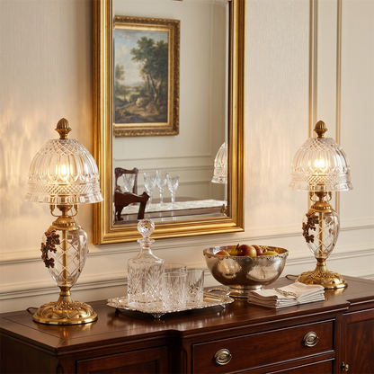 Brass Table Lamp for Bedroom & Living Room – Vintage Cut-Glass Shade Accent Lamp, Ornate Dimmable Bedside & Entryway Table Light