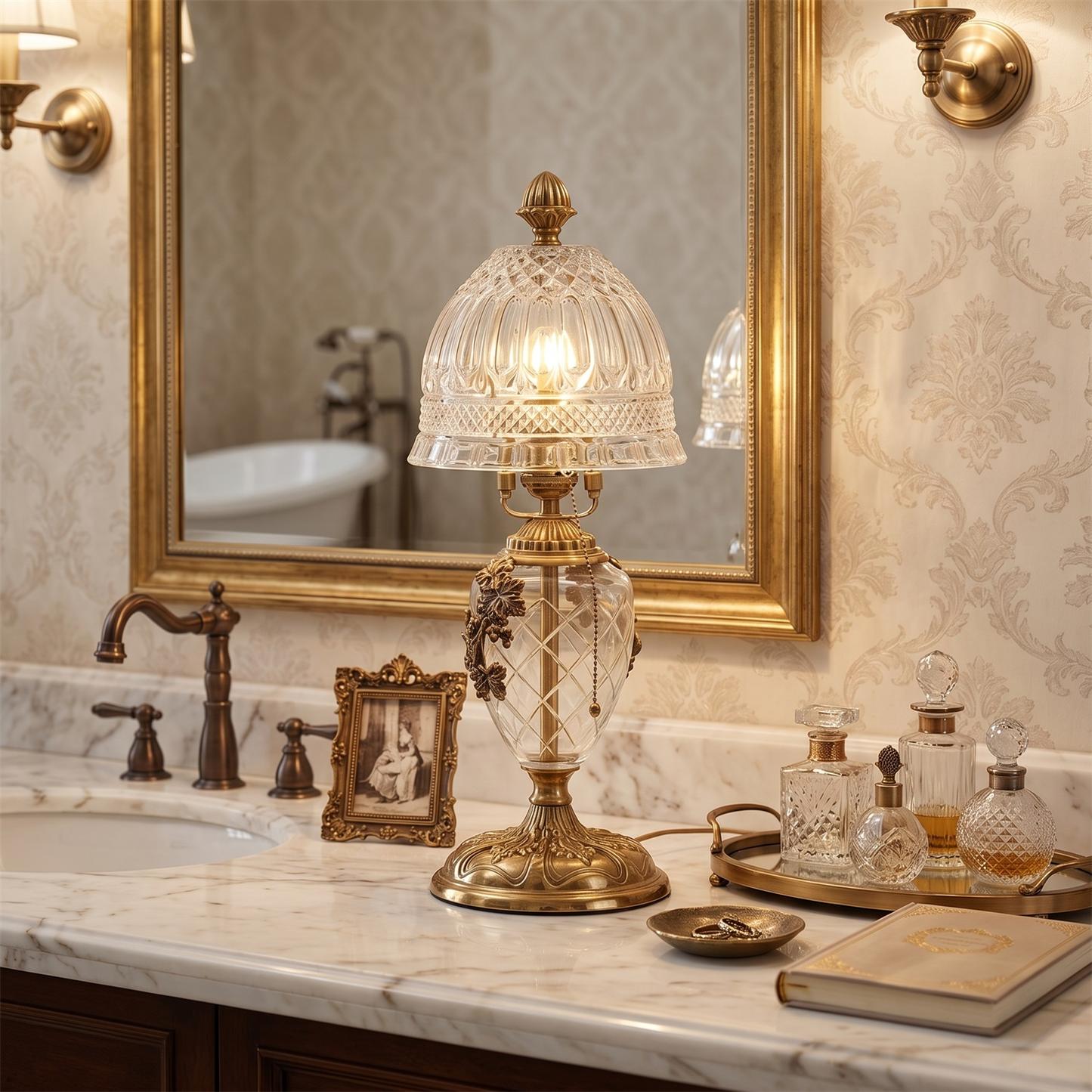 Brass Table Lamp for Bedroom & Living Room – Vintage Cut-Glass Shade Accent Lamp, Ornate Dimmable Bedside & Entryway Table Light
