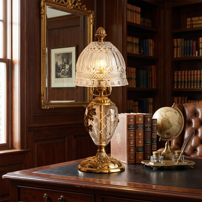 Brass Table Lamp for Bedroom & Living Room – Vintage Cut-Glass Shade Accent Lamp, Ornate Dimmable Bedside & Entryway Table Light