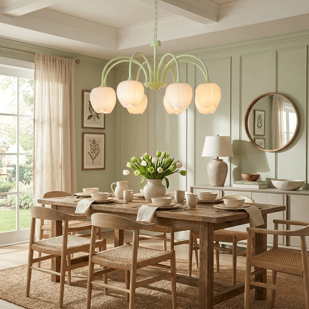 Green Tulip Chandelier for Dining Room & Living Room – Matcha Glass Shade LED Ceiling Light, Modern Floral Entryway Statement Chandelier