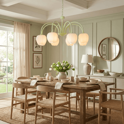 Green Tulip Chandelier for Dining Room & Living Room – Matcha Glass Shade LED Ceiling Light, Modern Floral Entryway Statement Chandelier