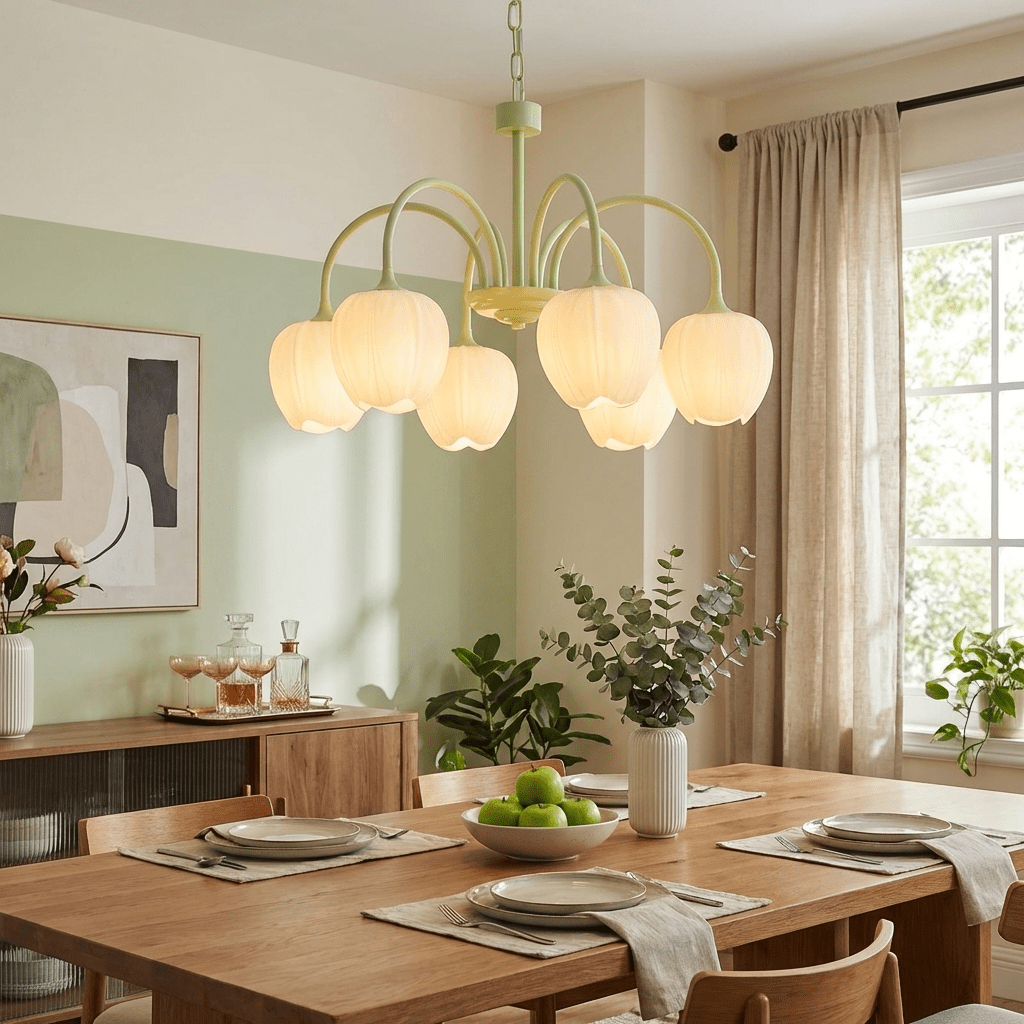 Green Tulip Chandelier for Dining Room & Living Room – Matcha Glass Shade LED Ceiling Light, Modern Floral Entryway Statement Chandelier