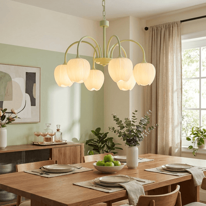 Green Tulip Chandelier for Dining Room & Living Room – Matcha Glass Shade LED Ceiling Light, Modern Floral Entryway Statement Chandelier