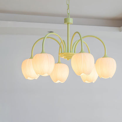 Green Tulip Chandelier for Dining Room & Living Room – Matcha Glass Shade LED Ceiling Light, Modern Floral Entryway Statement Chandelier