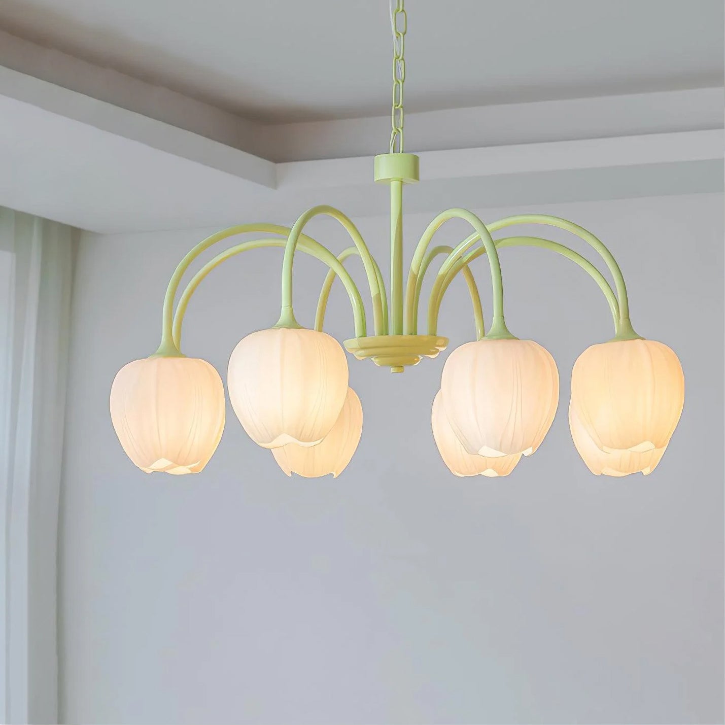 Green Tulip Chandelier for Dining Room & Living Room – Matcha Glass Shade LED Ceiling Light, Modern Floral Entryway Statement Chandelier