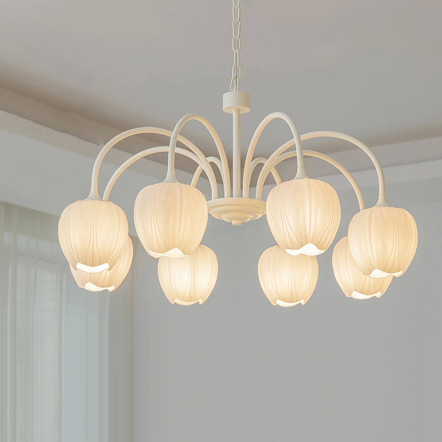 Green Tulip Chandelier for Dining Room & Living Room – Matcha Glass Shade LED Ceiling Light, Modern Floral Entryway Statement Chandelier