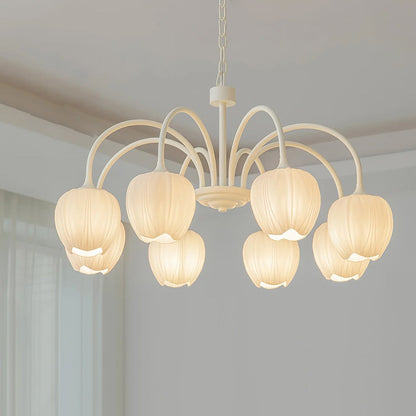 Green Tulip Chandelier for Dining Room & Living Room – Matcha Glass Shade LED Ceiling Light, Modern Floral Entryway Statement Chandelier